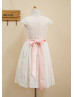 Cap Sleeves Ivory Lace Pink Lining Flower Girl Dress With Flower Sash